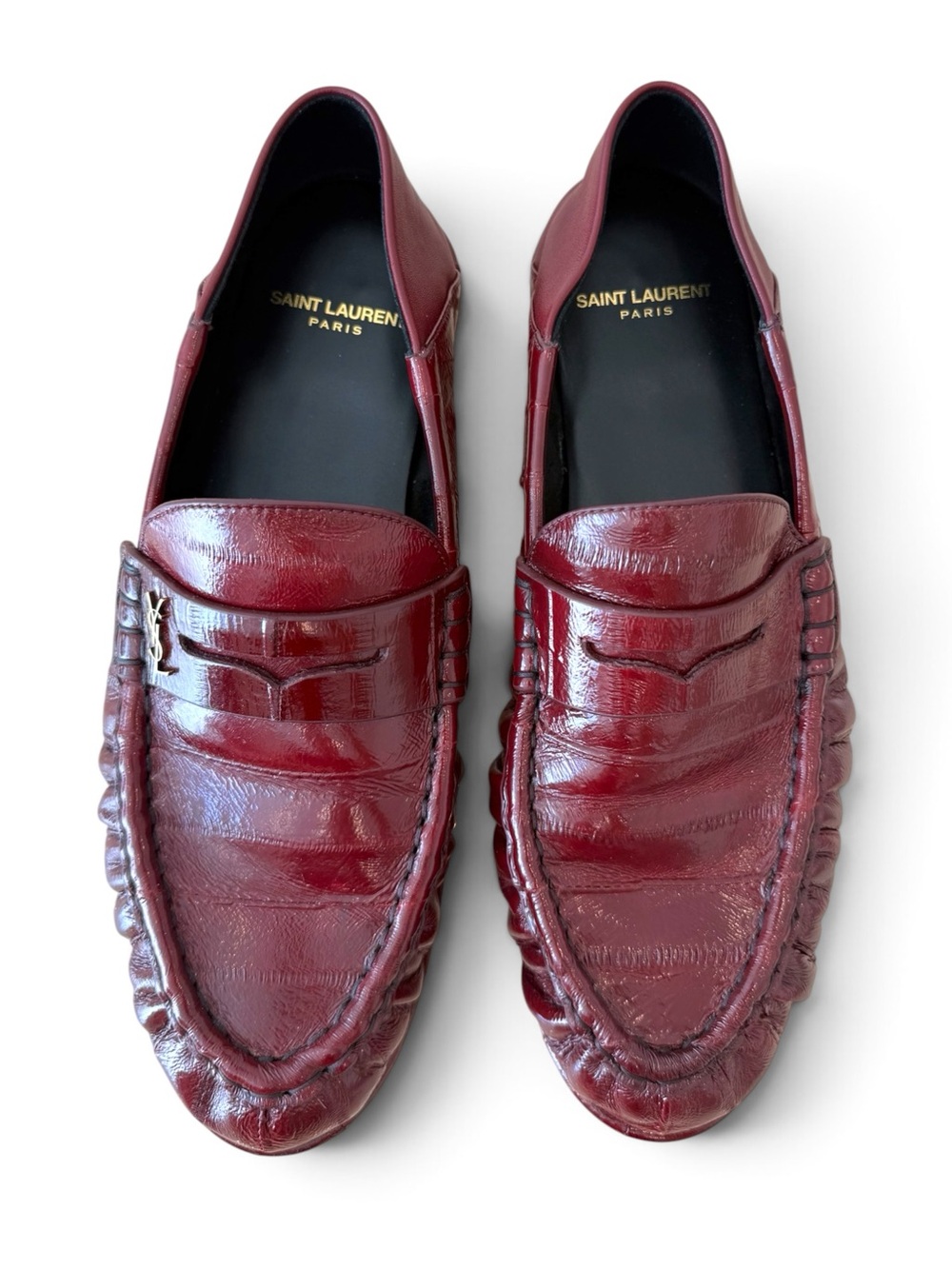 Saint Laurent Women's Burgundy Leather Penny Loafers with YSL Logo
